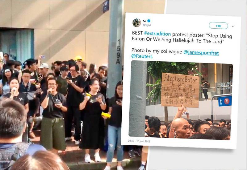 miljonprotester. Trots att ett kritiserat lagförslag har stoppats, fortsätter demonstranter att samlas på gatorna i Hong Kong. En kristen hymn från 1974 har blivit ledmotiv för proteströrelsen. Den föreslagna lagen skulle möjliggöra utlämningar från det relativt självstyrande Hong Kong till Fastlandskina vilket har väckt starka reaktioner bland invånarna i Hong Kong. Förra helgen demonstrerade över en miljon Hong Kong-bor mot förslaget.