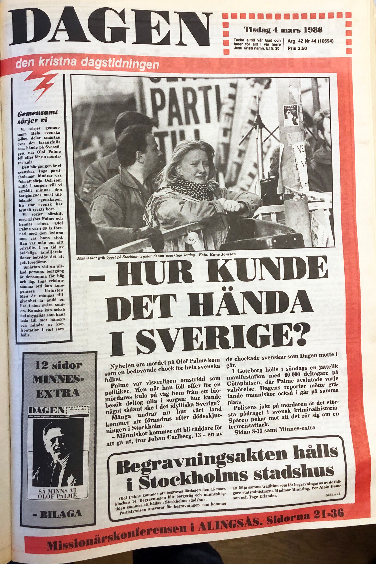 Förstasida tidningen Dagen, 4 mars 1986.