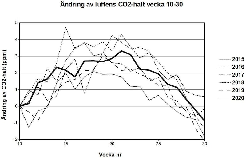 Trots omfattande nedstängningar av transporter och industrier skiljer sig inte luftens ändringar av koldioxidhalt i år från hur det sett ut under åren 2015–2019.