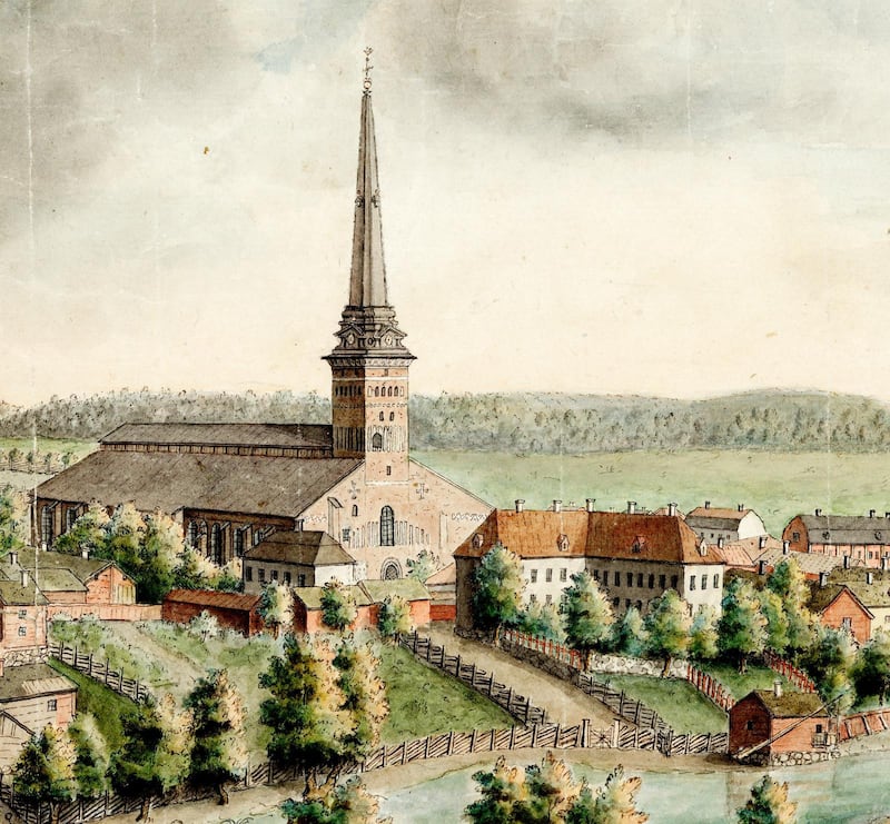 Västerås domkyrka med biskopsgården på en akvarell från 1780 tillskriven Elias Martin.