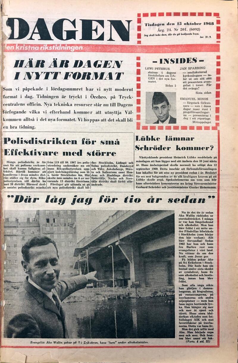 Första numret av tidningen Dagen med ny form, 1968. Tidningen gick från broadsheet till tabloid.