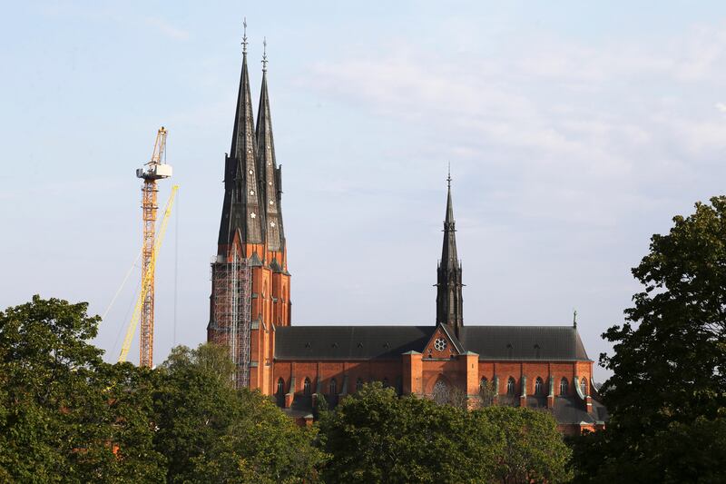 Uppsala domkyrka sedd från Uppsala slott på torsdagsmorgonen.