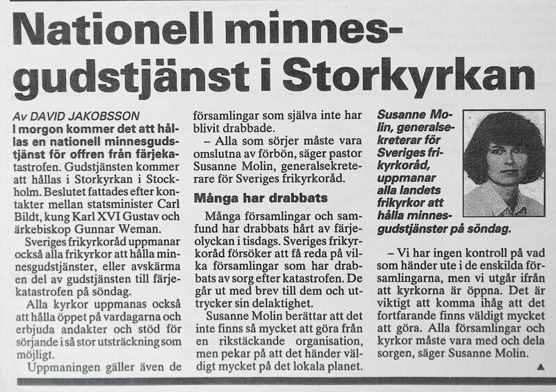 Artikel i Dagen efter färjekatastrofen 1994.