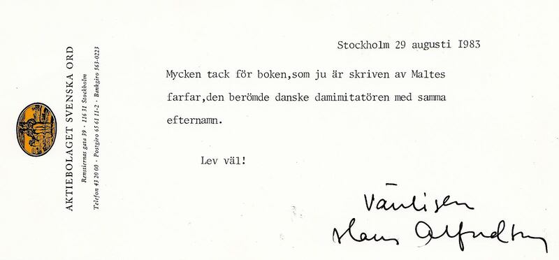 Tackbrevet som Willy Svahn fick 1983 av Hans Alfredson.