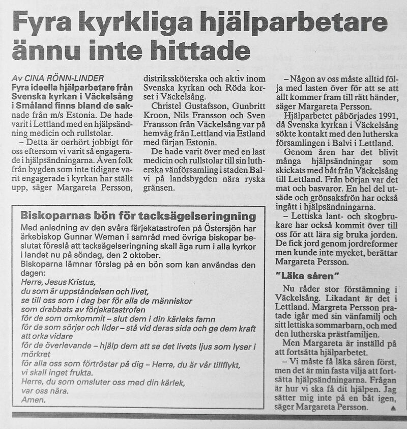 Dagenartikel efter färjekatastrofen 1994.