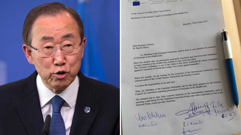 En 20-tal europaparlamentariker, däribland Lars Adaktusson (KD), kräver i ett brev till FN:s generalsekreterare Ban Ki-Moon att FN ska agera för utsatta kristna i Mellanöstern.