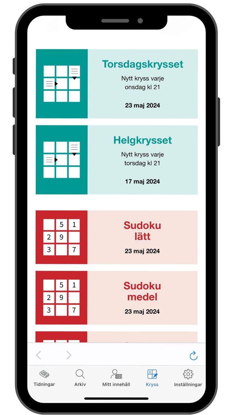 Skärmbild, Dagens e-tidningsapp, kryss-sida.