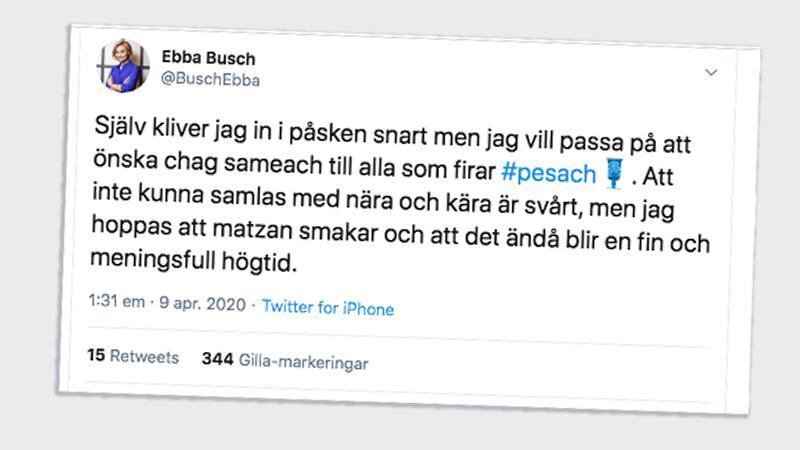 Ebba Busch (KD) var ensam om att skicka en hälsningar till alla judar under pesach, den judiska påsken.