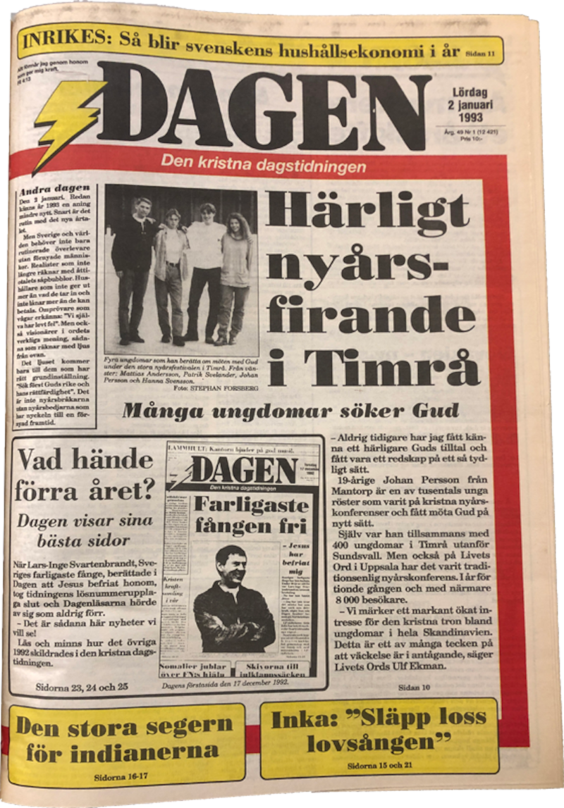 Dagens form 1993 med den ikoniska gula blixten i tidningens huvud.