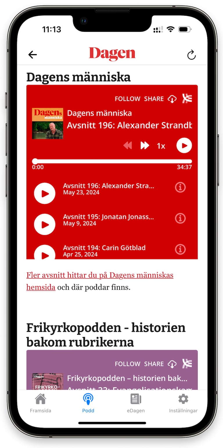 Skärmdump som visar hur Dagens nyhetsapp ser ut: poddsida.