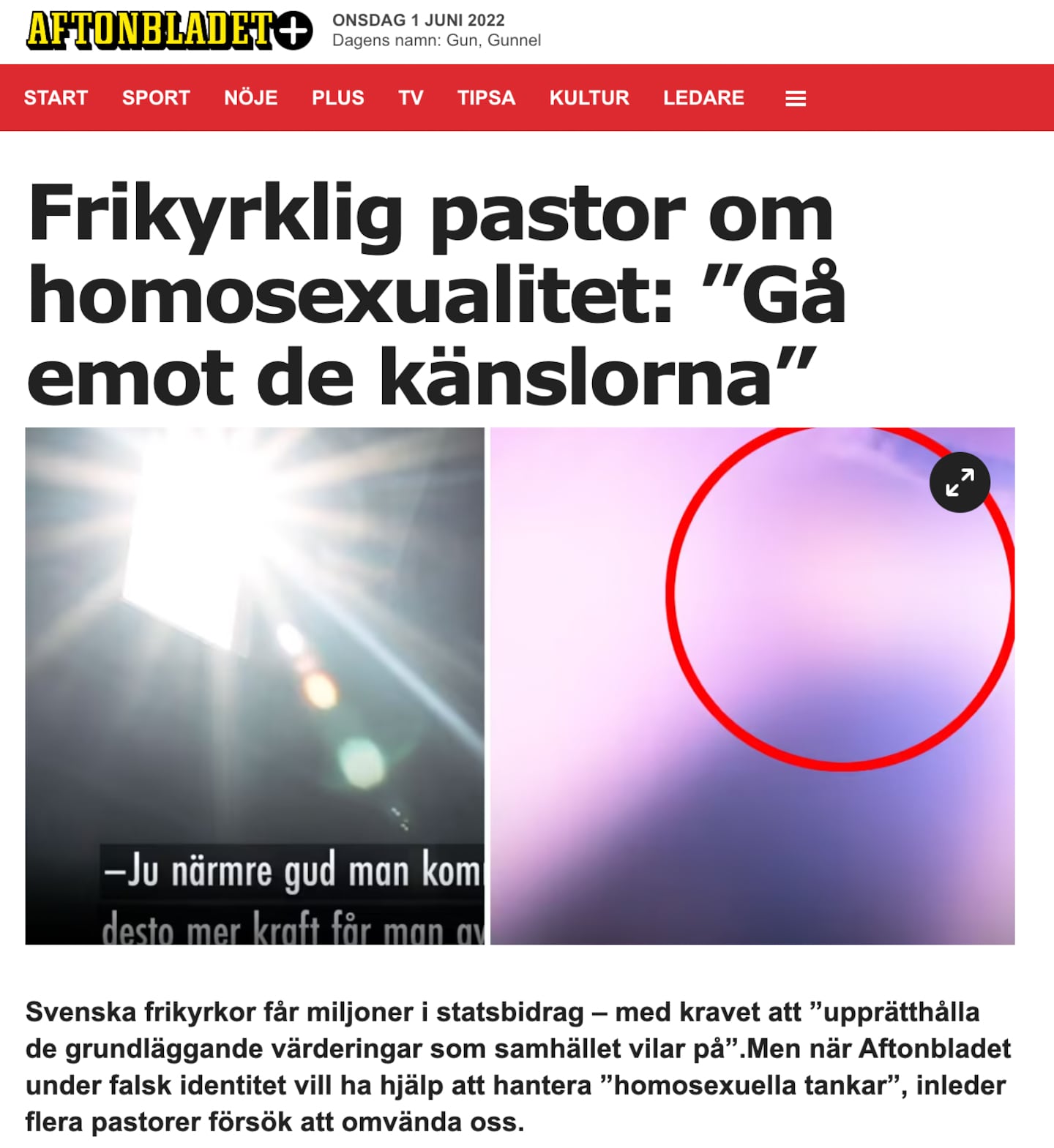 Skärmdump från Aftonbladets artikel: "Frikyrklig pastor om homosexualitet: 'Gå emot de känslorna'".