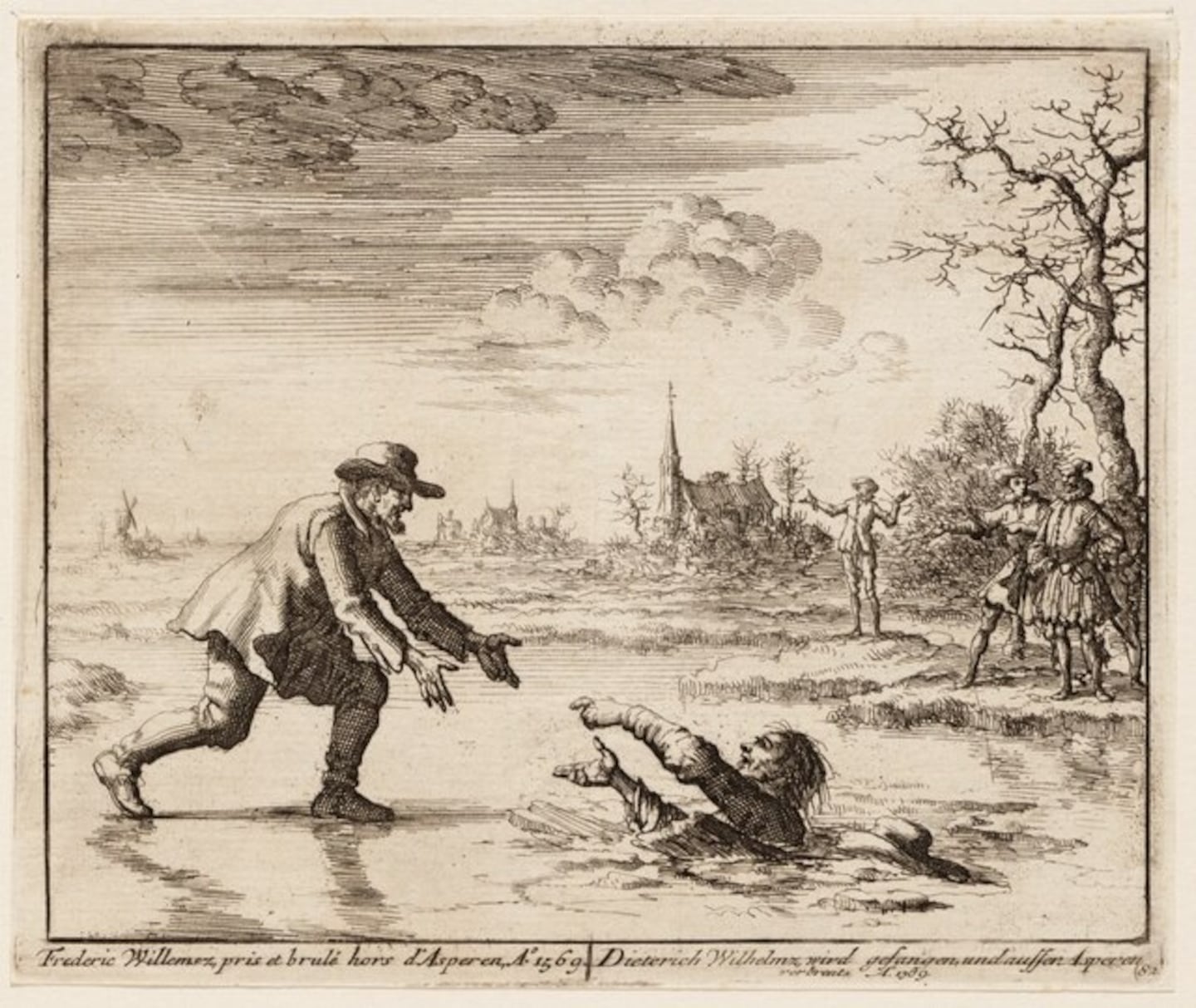 A 1685 illustration by Jan Luyken, published in Martyrs Mirror, of Dirk Willems saving his pursuer, an act of mercy that led to his recapture, after which he was burned at the stake near Asperen in the present-day Netherlands.