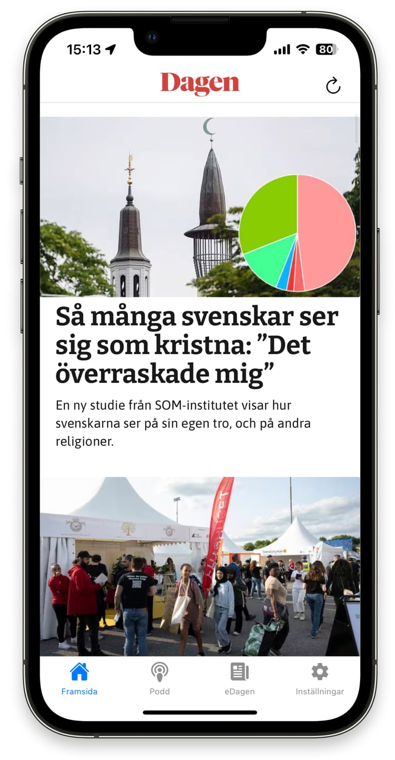 Skärmdump som visar hur Dagens nyhetsapp ser ut.